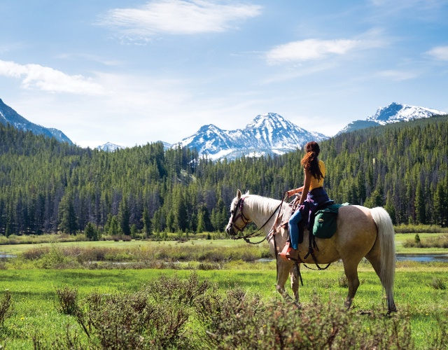 Woman riding horse in a field with mountains