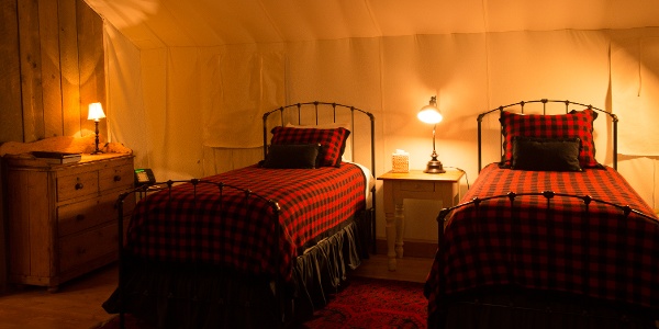 Twin beds in a glamping cabin, Ranch at Rock Creek